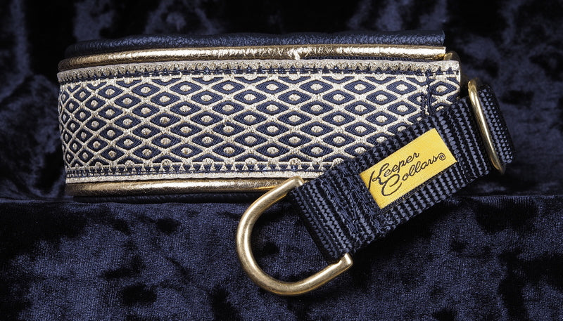 1 1/2 Inch Double Leather Collar Gold Chain Mail Diamonds on Black Web with Metallic Gold and Black Leather and Brass Hardware Keeper Collars