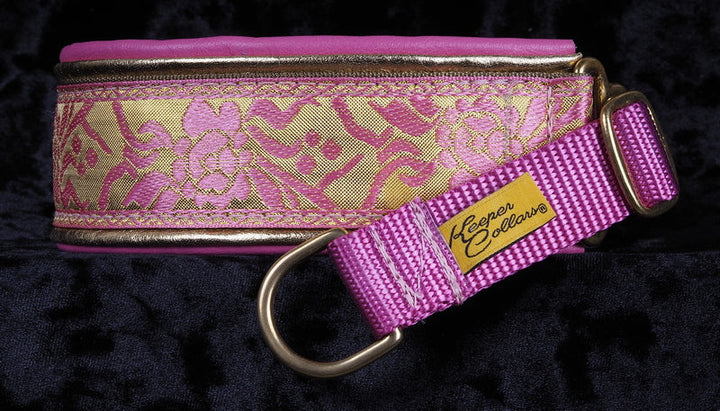 1 1/2 Inch Double Leather Collar Gold & Pink Rose on Coyote Web with Metallic Gold and Pink Leather with Brass Hardware Keeper Collars
