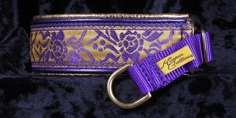 1 1/2 Inch Double Leather Collar Gold & Purple Rose on Purple Web with Metallic Purple and Metallic Gold Leathers with Brass Hardware Keeper Collars