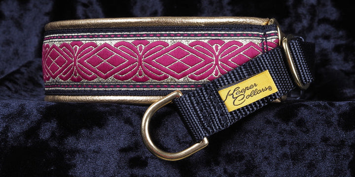 1 1/2 Inch Collar Large Gold and Burgundy Diamonds on Black Web with Metallic Gold Leather and Brass Hardware Keeper Collars