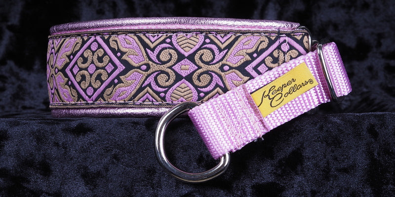 1 1/2 Inch Collar Pink and Tan Whale Tail on Coyote Web with Metallic Lt. Pink Leather and a Pink Tug and Chrome Hardware Keeper Collars