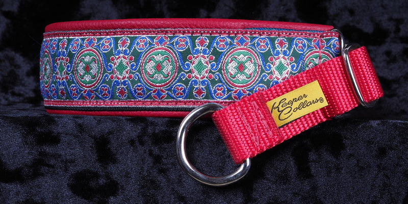1 1/2 Inch Collar Silver, Blue, and Green China Infusion on Black Web with Red Leather and a Red Tug and Chrome Hardware Keeper Collars