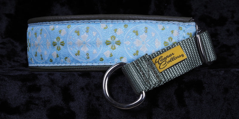 1 1/2 Inch Collar Lt. Blue with Olive Leaves and White Clovers on Olive Web with Olive Leather and Chrome Hardware Keeper Collars