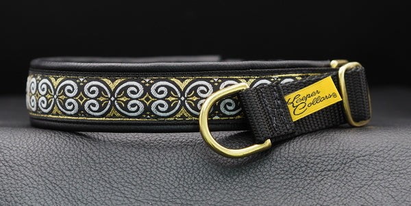 1 Inch Collar Gold Scroll on Black Web with Black Leather and Brass Hardware