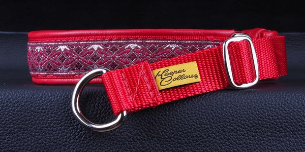 1 Inch Collar Silver and Red Diamonds on Red Web with Red Leather and Chrome Hardware