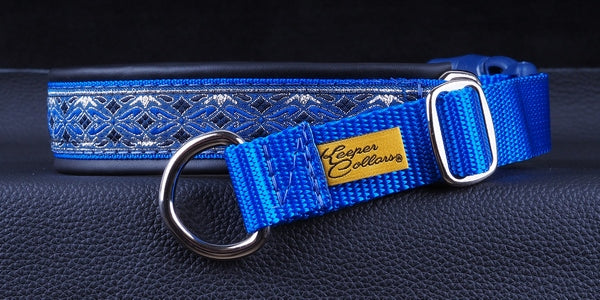 1 Inch Collar Silver and Blue Diamonds on Royal Blue Web with Black Leather and Chrome Hardware