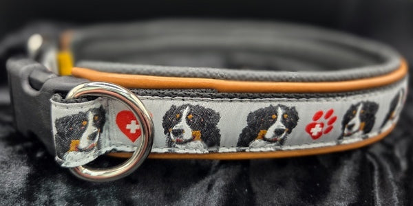 End Run 26", 1" Wide Black Web, Bernese Ribbon, Double Leather Light Tan with Black Outer, Chrome Hardware, FLAT COLLAR, no prongs (last of ribbon)