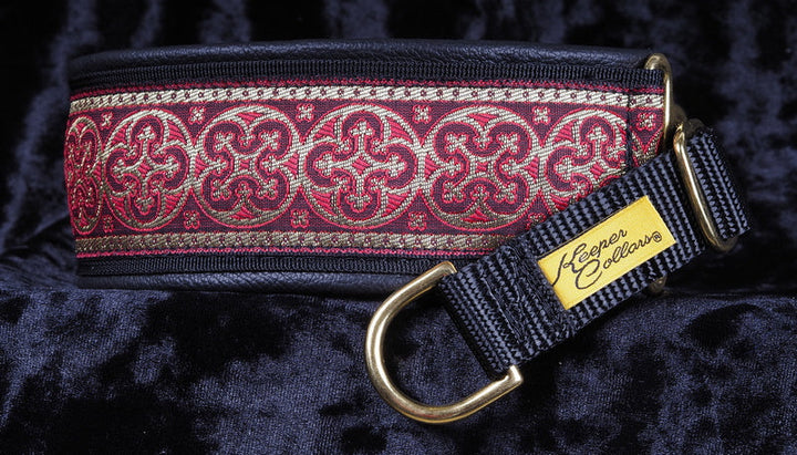 2 Inch Collar Gold and Red Shields on Black Web with Black Leather and Brass Hardware Keeper Collars