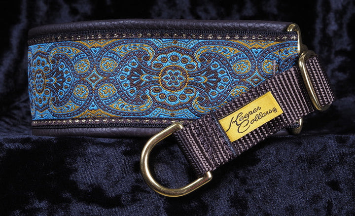2 Inch Collar Blue Konta on Black Web with Brown Leather and Brass Hardware Keeper Collars