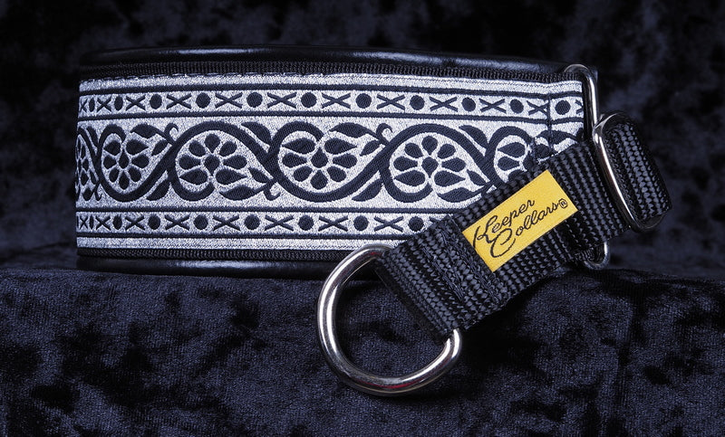 2 Inch Collar Silver Xs and Os Inverted on Black Web with Black Leather and Chrome Hardware Keeper Collars