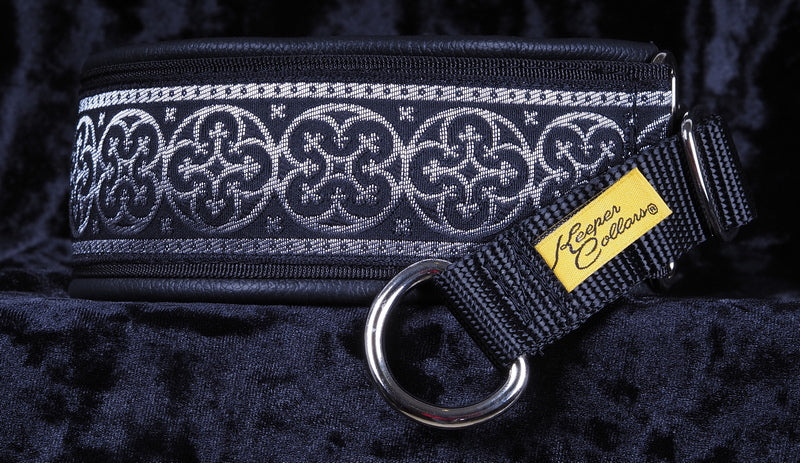 2 Inch Collar Silver and Black Shields on Black Web with Black Leather and Chrome Hardware Keeper Collars