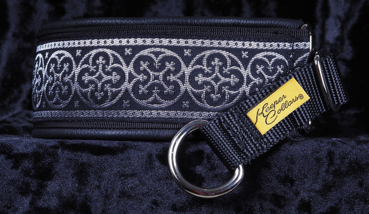 2 Inch Collar Silver and Black Shields on Black Web with Black Leather and Chrome Hardware Keeper Collars