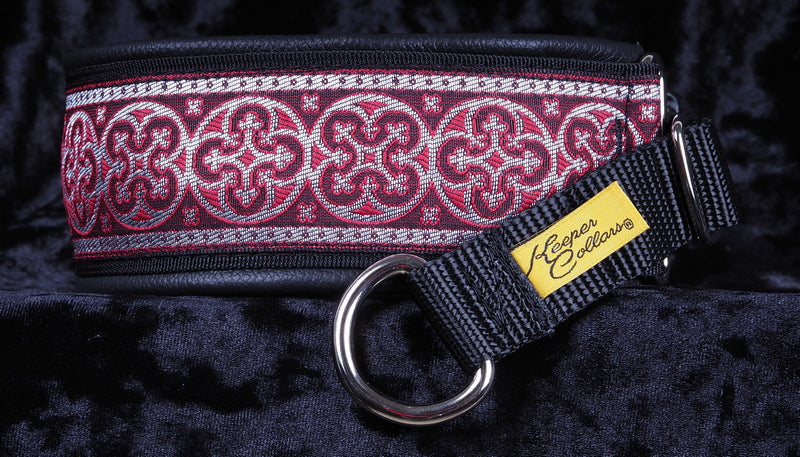 2 Inch Collar Silver and Red Shields on Black Web with Black Leather and Chrome Hardware Keeper Collars