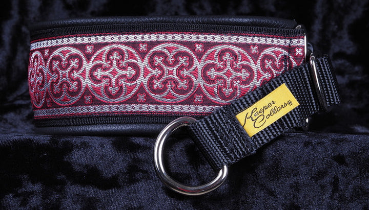 2 Inch Collar Silver and Red Shields on Black Web with Black Leather and Chrome Hardware Keeper Collars