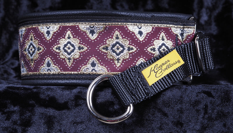 2 Inch Collar Gold, Silver and Wine Amarvati on Black Web with Black Leather and Chrome Hardware Keeper Collars