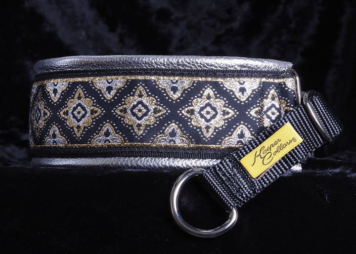2 Inch Collar Gold, Silver and Black Amarvati on Black Web with Metallic Silver Leather and Chrome Hardware