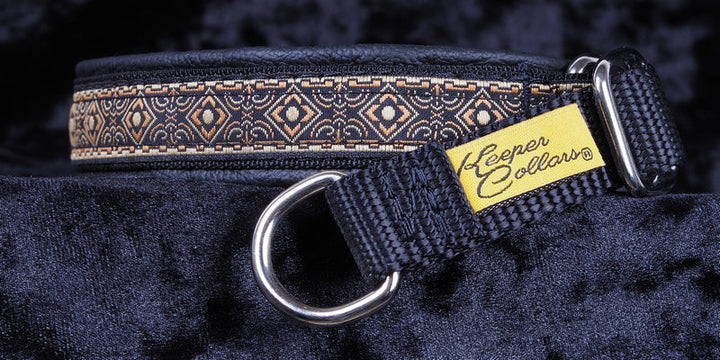 3/4 Inch Collar Brown Geo on Black Web with Black Leather and Chrome Hardware Keeper Collars