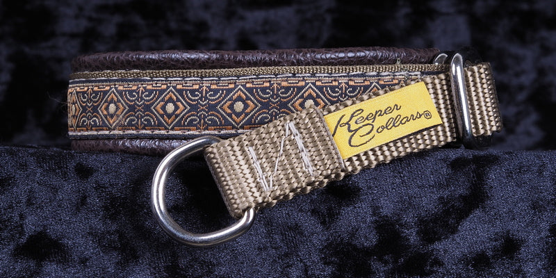 3/4 Inch Collar Brown Geo on Coyote Web with Brown Leather and Chrome Hardware Keeper Collars