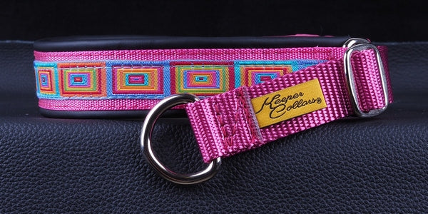 1 Inch Collar 3/4 Inch Colored Squares on Pink Web with Black Leather and Chrome Hardware (Copy)