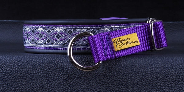 1 Inch Collar Silver and Purple Diamonds on Purple Web with Black Leather and Chrome Hardware