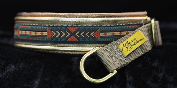 1 Inch Double Leather Collar Olive Arizona on Coyote Web with Metallic Gold and Copper Leather and Brass Hardware