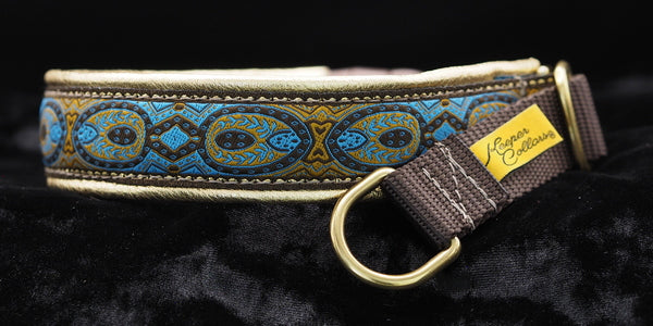 1 Inch Collar Blue Konta on Brown Web with Metallic Gold Leather and Brass Hardware