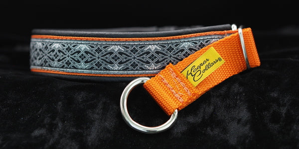 1 Inch Collar Silver and Gray Diamonds on Orange Web with Black Leather and Chrome Hardware