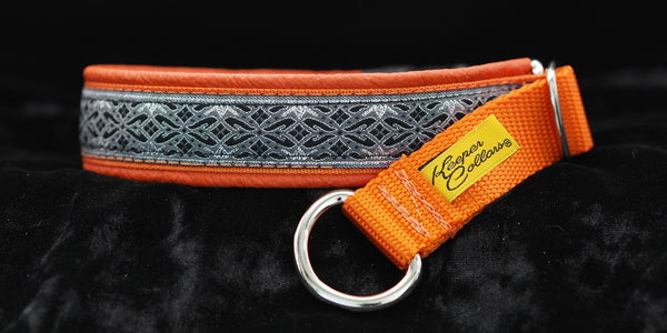 1 Inch Collar Silver and Gray Diamonds on Orange Web with Orange Leather and Chrome Hardware