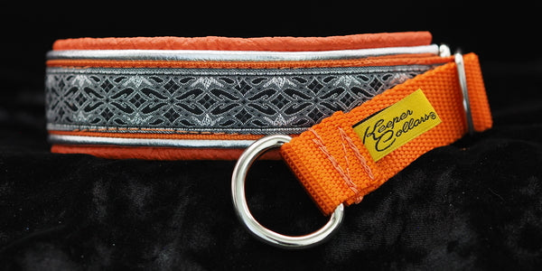1 Inch Double Leather Collar Silver and Gray Diamonds on Orange Web with Metallic Silver and Orange Leather and Chrome Hardware