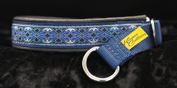 1 Inch Collar Silver and Blue Diamonds on Navy Web with Black Leather and Chrome Hardware