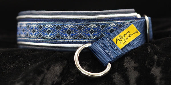 1 Inch Double Leather Collar Silver and Blue Diamonds on Navy Web with Metallic Silver and Navy Leather and Chrome Hardware