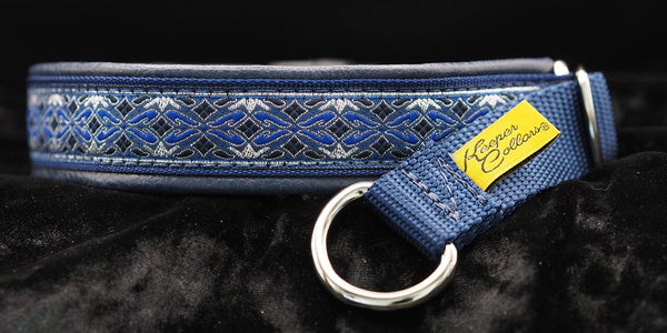 1 Inch Collar Silver and Blue Diamonds on Navy Web with Navy Leather and Chrome Hardware