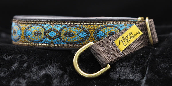 1 Inch Collar Blue Konta on Brown Web with Brown Leather and Brass Hardware