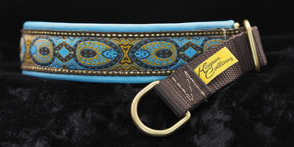 1 Inch Collar Blue Konta on Brown Web with Teal Leather and Brass Hardware