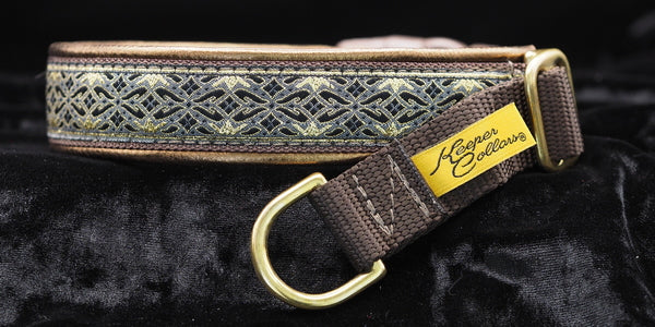 1 Inch Collar Gold and Black Diamonds on Brown Web with Metallic Gold Leather and Brass Hardware