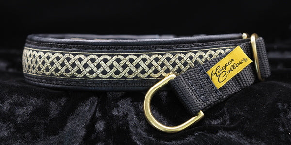 1 Inch Collar Gold Celtic Knot on Black Web with Black Leather and Brass Hardware