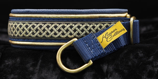 1 Inch Double Leather Collar Gold Celtic Knot on Navy Web with Metallic Gold and Navy Leather and Brass Hardware