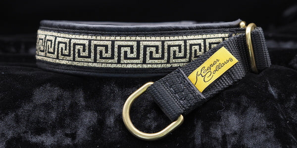 1 Inch Collar Gold Greek Key on Black Web with Black Leather and Brass Hardware