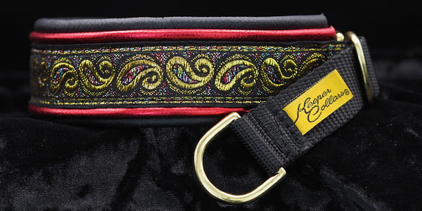 1 Inch Double Leather Collar Gold Paisley with Colors on Black Web with Metallic Red and Black Leather and Brass Hardware