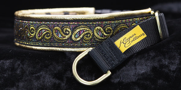 1 Inch Collar Gold Paisley with Colors on Black Web with Metallic Gold Leather and Brass Hardware