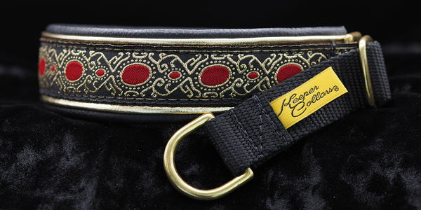 1 Inch Double Leather Collar Gold and Red Medallion on Black Web with Metallic Gold and Black Leather and Brass Hardware