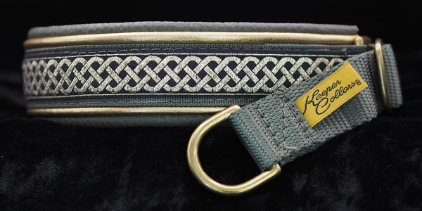 1 Inch Double Leather Collar Gold Celtic Knot on Olive Web with Metallic Gold and Olive Leather and Brass Hardware