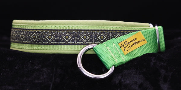 1 Inch Collar Green Geo on Green Apple Web with Lime Green Leather Chrome Hardware