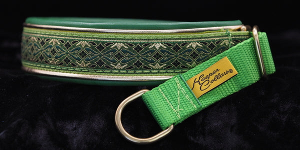 1 Inch Double Leather Collar Gold and Green Diamonds on Lime Web with Metallic Gold and Green Leather and Brass Hardware