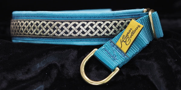 1 Inch Collar Gold Celtic Knot on Teal Web with Teal Leather and Brass Hardware