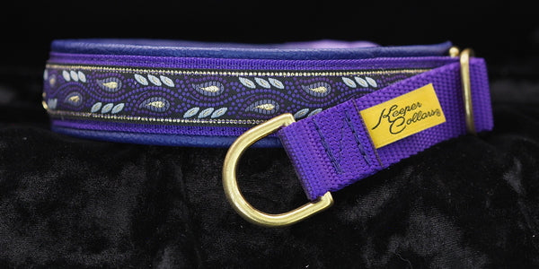 1 Inch Collar Gold and Purple Leaves on Purple Web with Purple Leather and Brass Hardware