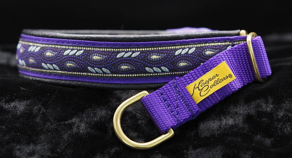 1 Inch Collar Gold and Purple Leaves on Purple Web with Black Leather and Brass Hardware