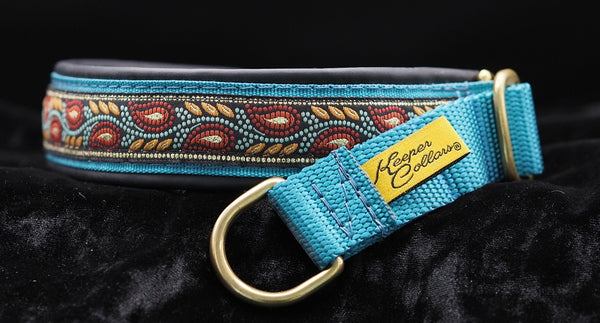 1 Inch Collar Flame Leaves on Teal Web with Black Leather and Brass Hardware