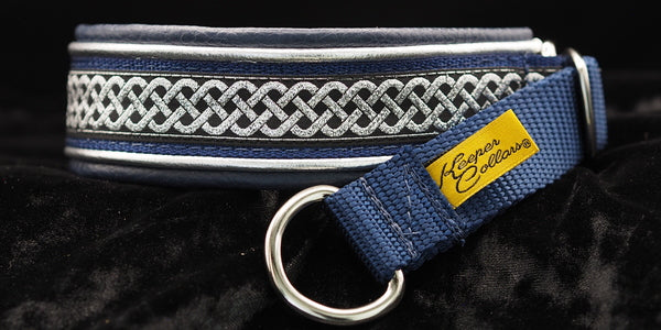 1 Inch Double Leather Collar Silver Celtic Knots on Navy Web with Metallic Silver and Navy Leather and Chrome Hardware