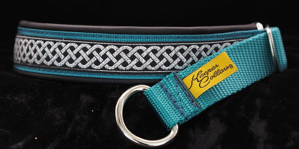 1 Inch Collar Silver Celtic Knot on Teal Web with Balck Leather and Chrome Hardware